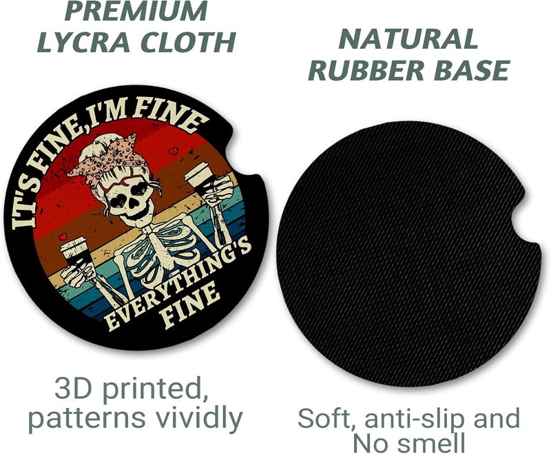 Yonlevres Car Coasters for Cup Holders，2.75" Anti Slip Rubber Mat with A Finger Notch, 2 Pack Car Cup Holder Coasters for Car Interior Accessories for Women Men Skeleton Skull - Image 5